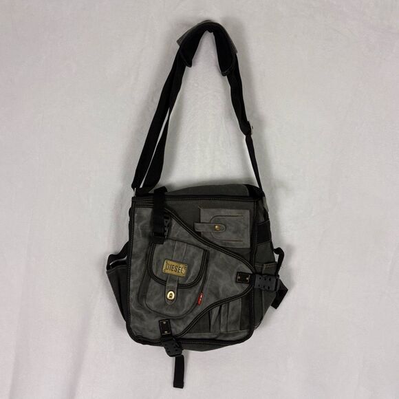 Diesel Vintage Multi Pocket Grey Leather and Canvas Cargo Messenger Crossbody Ba - Picture 1 of 15